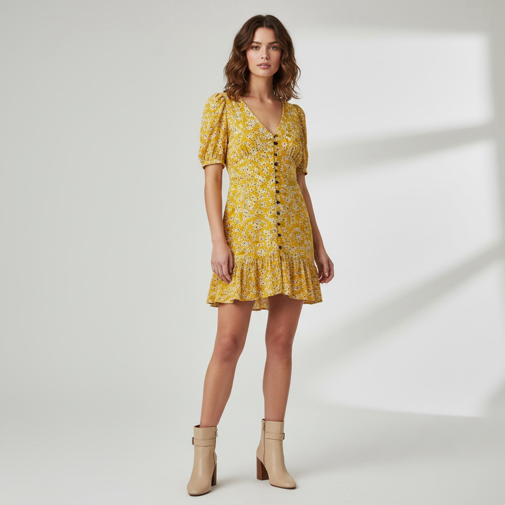 WISH Golden Bloom Floral Crepe V-Neck Short Sleeve Ruffle Hem Dress Size Medium - Picture 2 of 11